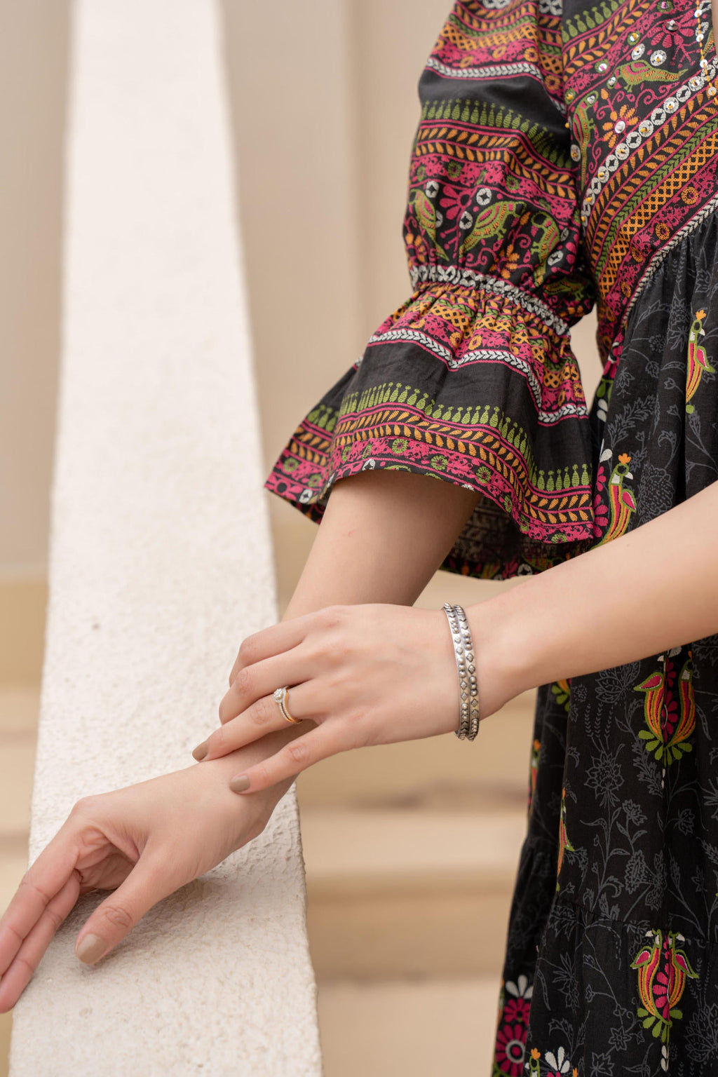 Juniper Black Printed Fit & Flare Dress with Tribal Border | Grocsy