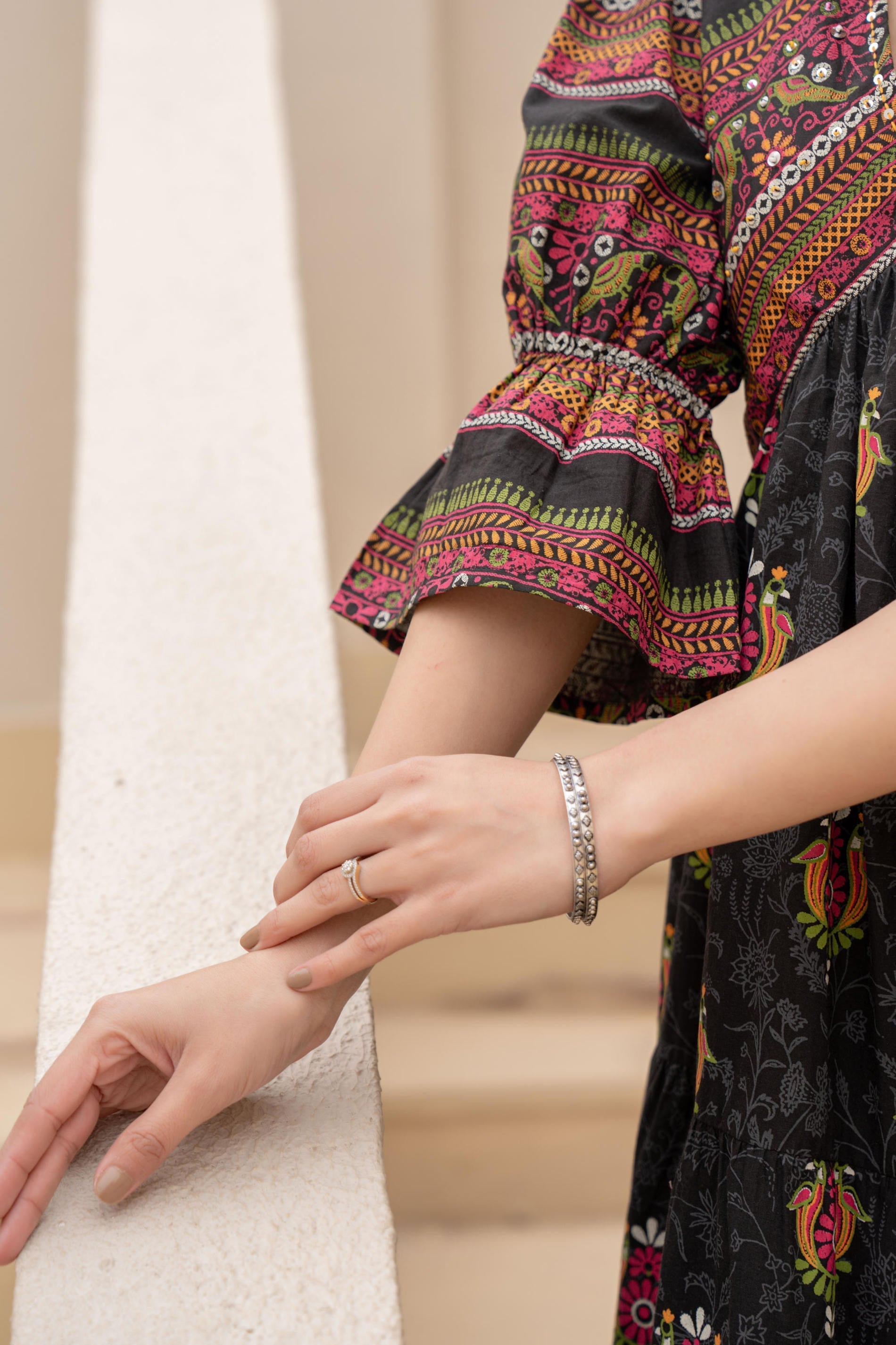Juniper Black Printed Fit & Flare Dress with Tribal Border | Grocsy