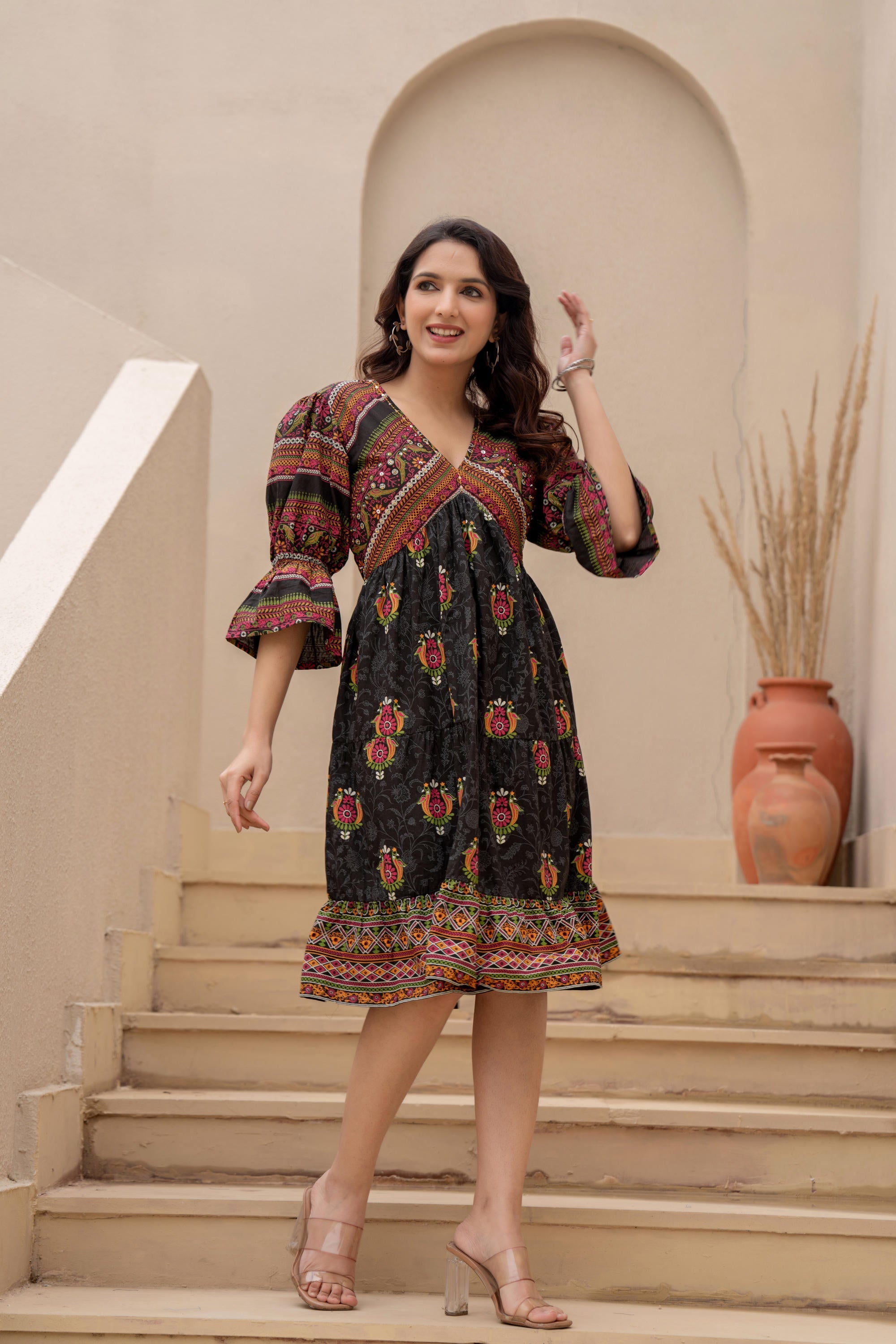 Juniper Black Printed Fit & Flare Dress with Tribal Border | Grocsy