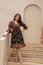 Juniper Black Printed Fit & Flare Dress with Tribal Border | Grocsy