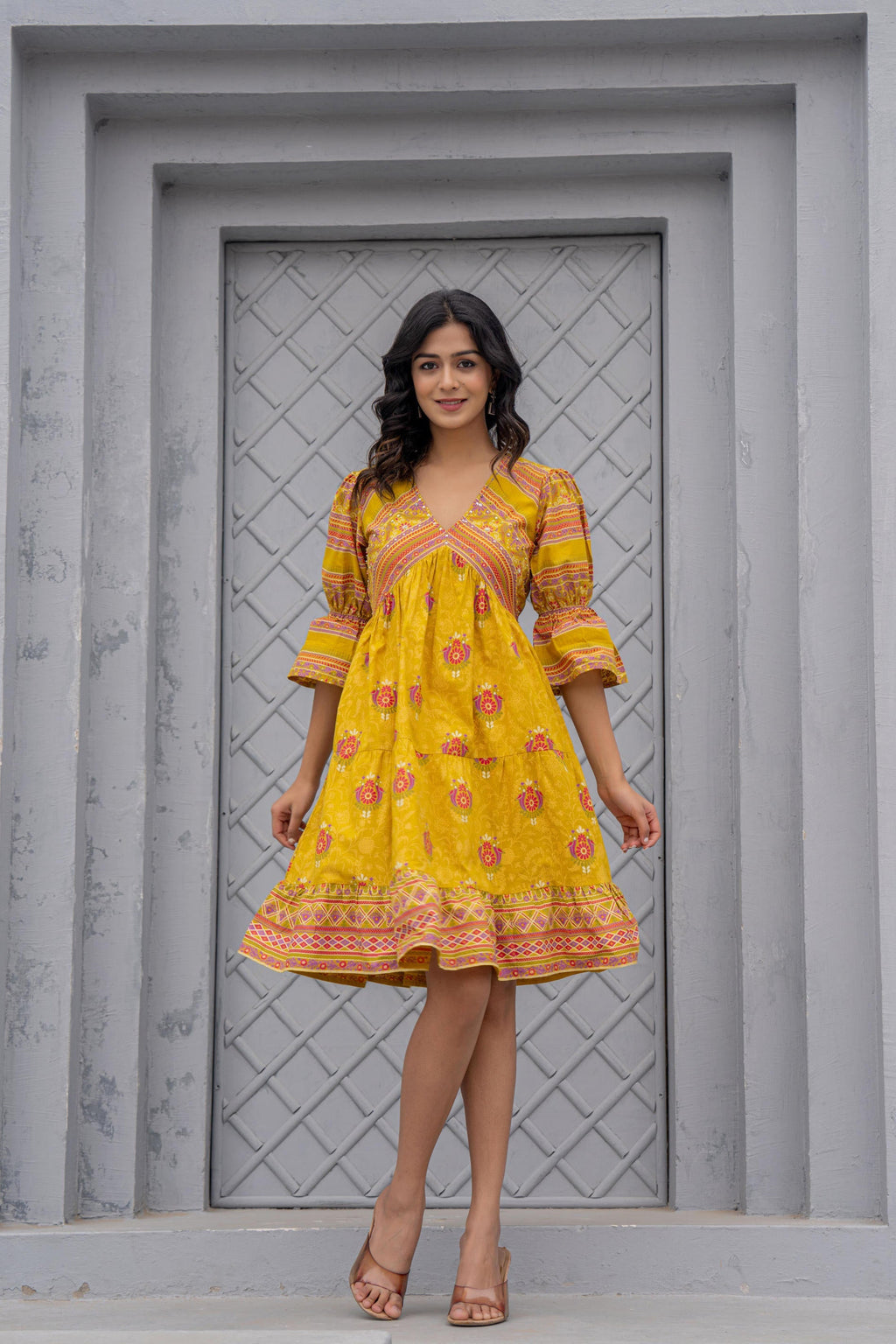 Juniper Mustard Printed Fit & Flare Dress with Tribal Border | Grocsy
