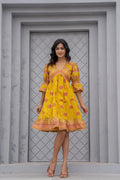 Juniper Mustard Printed Fit & Flare Dress With Tribal Border | Grocsy