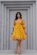 Juniper Mustard Printed Fit & Flare Dress With Tribal Border | Grocsy