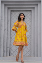 Juniper Mustard Printed Fit & Flare Dress with Tribal Border | Grocsy