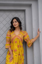 Juniper Mustard Printed Fit & Flare Dress with Tribal Border | Grocsy