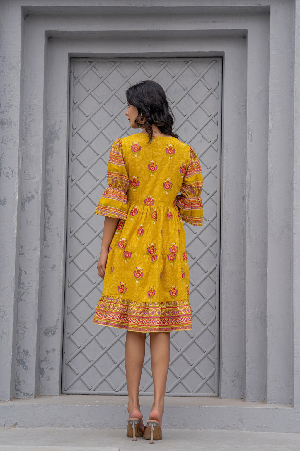 Juniper Mustard Printed Fit & Flare Dress with Tribal Border | Grocsy