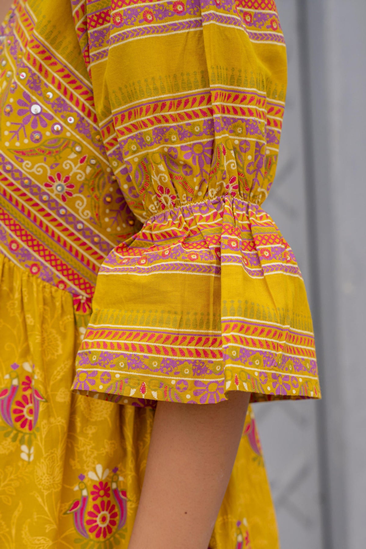 Juniper Mustard Printed Fit & Flare Dress with Tribal Border | Grocsy