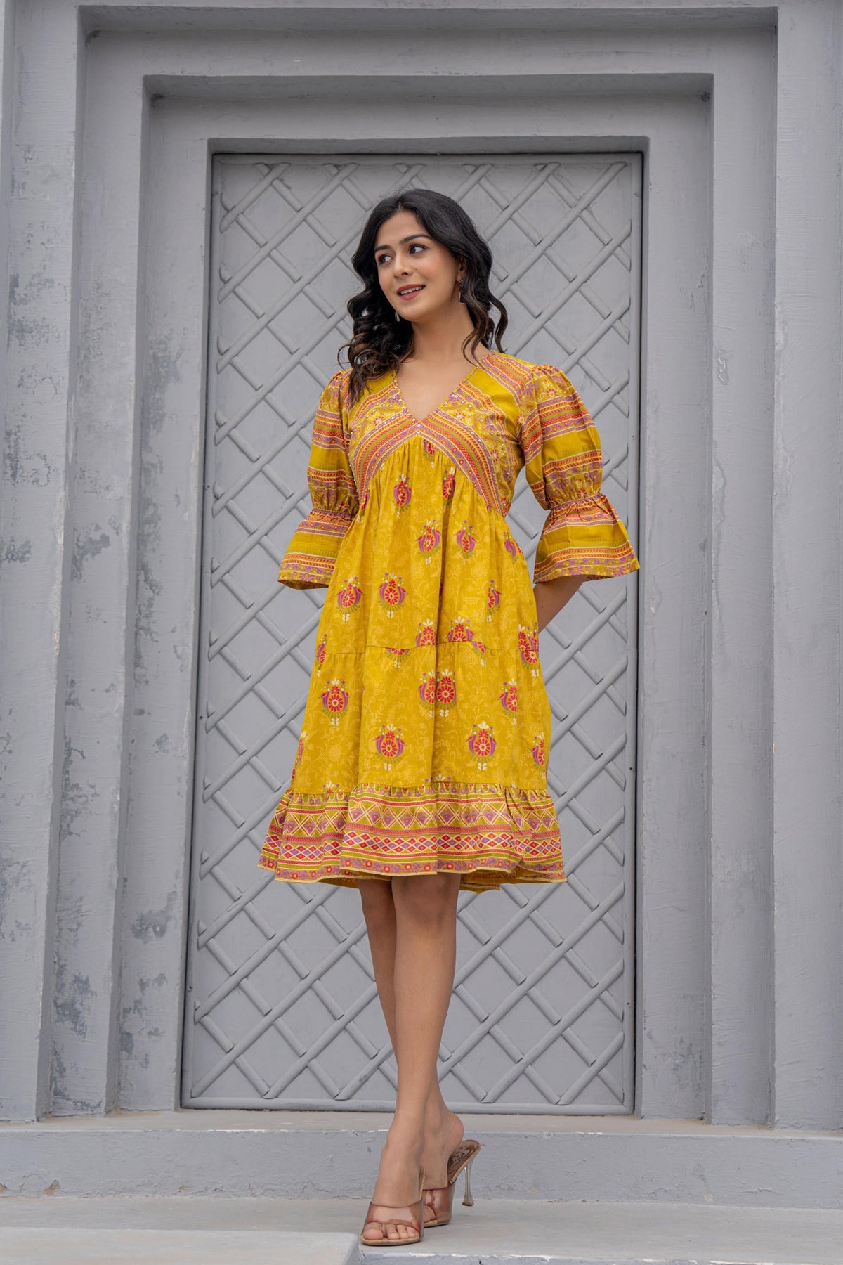 Juniper Mustard Printed Fit & Flare Dress with Tribal Border | Grocsy