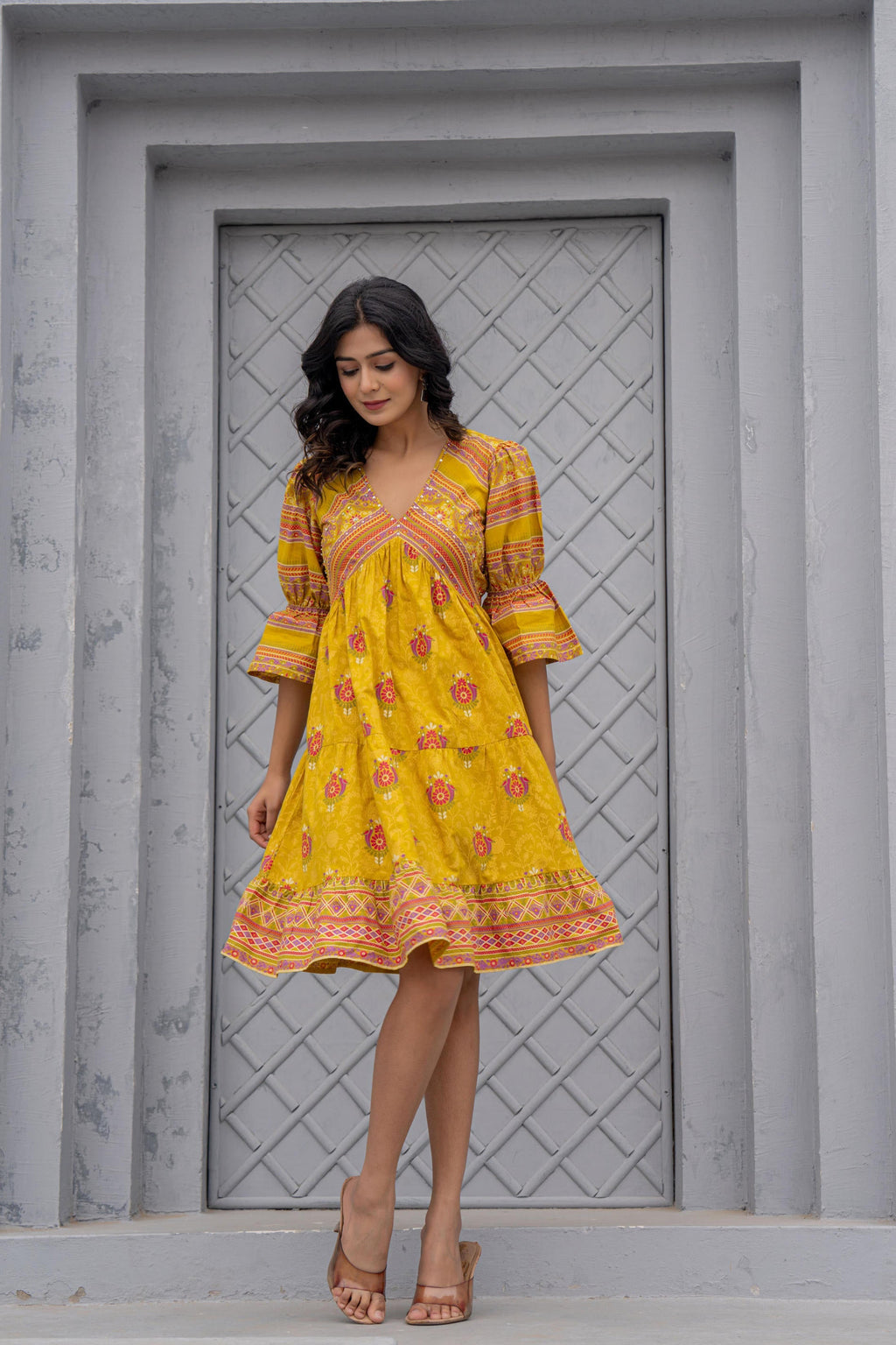 Juniper Mustard Printed Fit & Flare Dress with Tribal Border | Grocsy