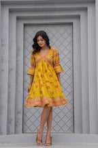 Juniper Mustard Printed Fit & Flare Dress with Tribal Border | Grocsy