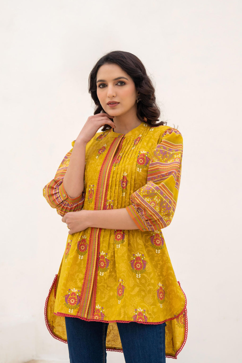 Juniper Mustard Printed Pleated Tunic with Puff Sleeves | Grocsy