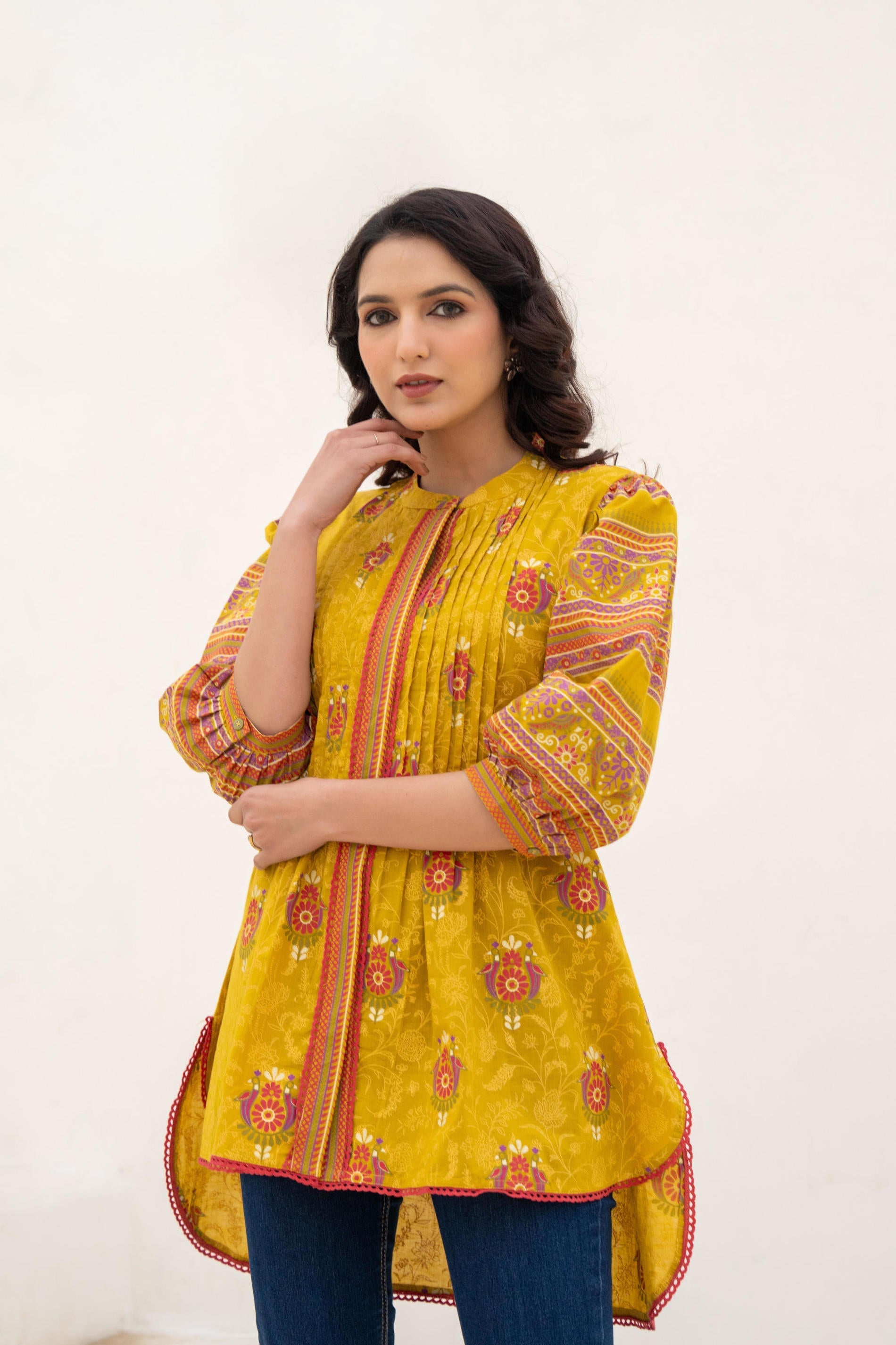Juniper Mustard Printed Pleated Tunic with Puff Sleeves | Grocsy