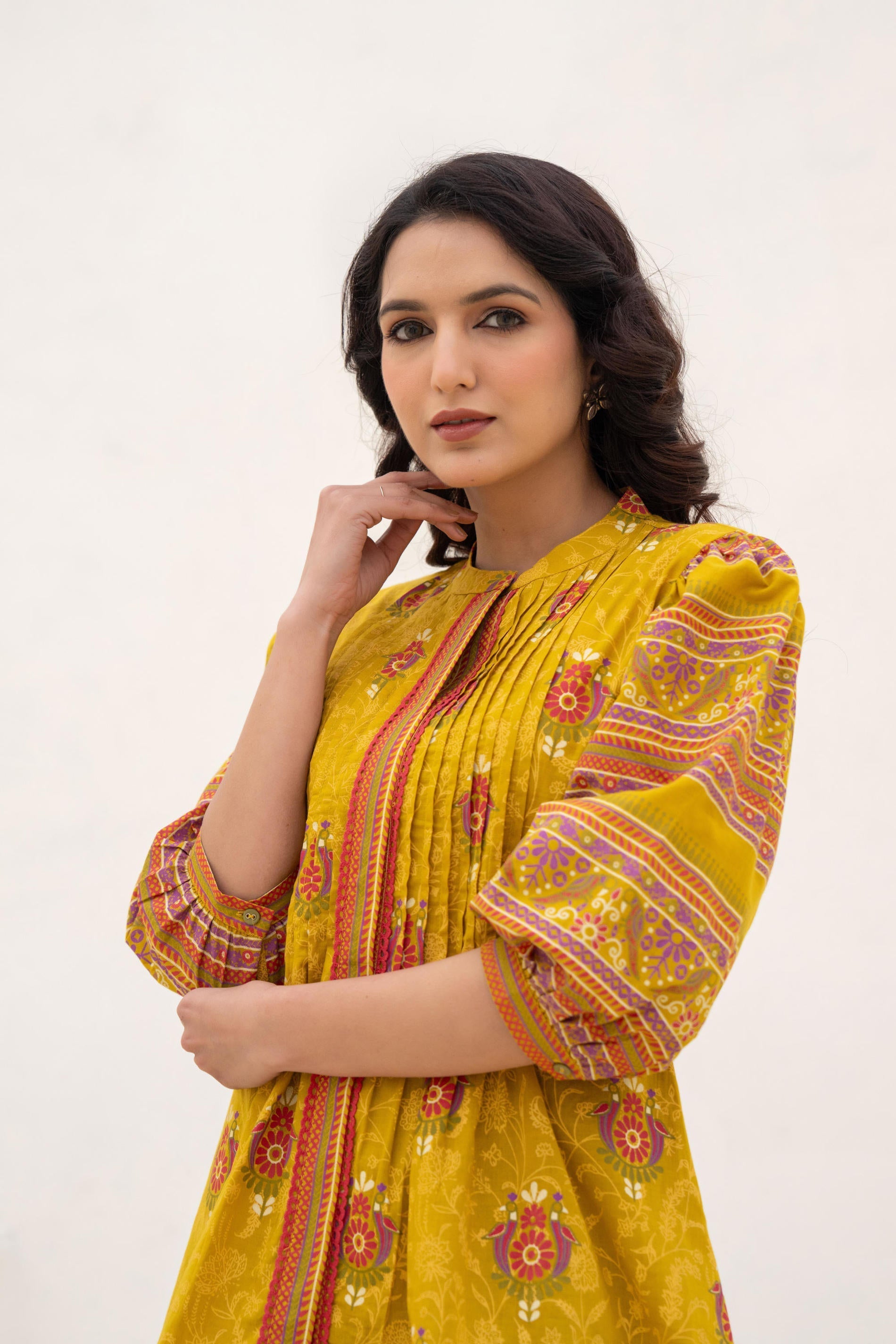 Juniper Mustard Printed Pleated Tunic with Puff Sleeves | Grocsy