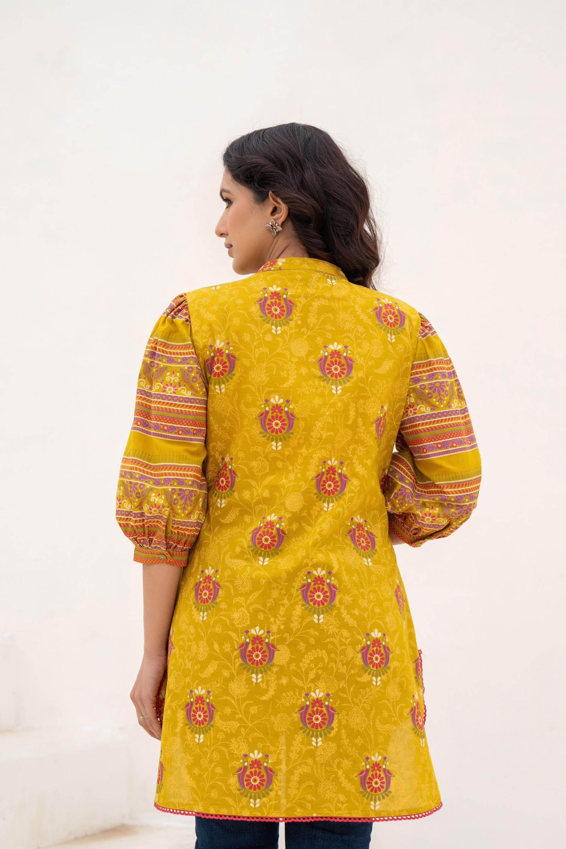 Juniper Mustard Printed Pleated Tunic with Puff Sleeves | Grocsy