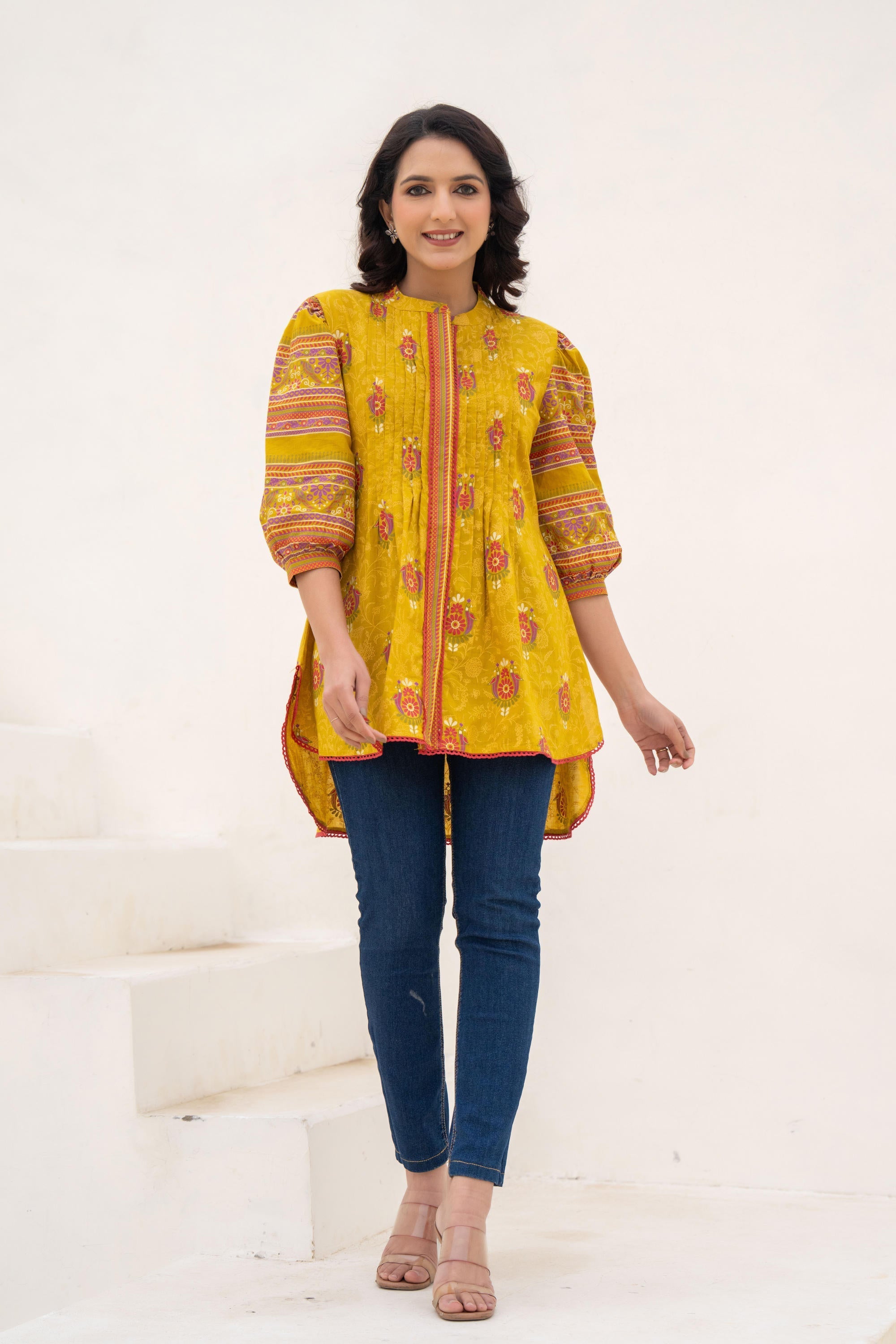 Juniper Mustard Printed Pleated Tunic with Puff Sleeves | Grocsy