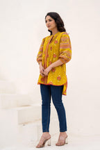 Juniper Mustard Printed Pleated Tunic with Puff Sleeves | Grocsy
