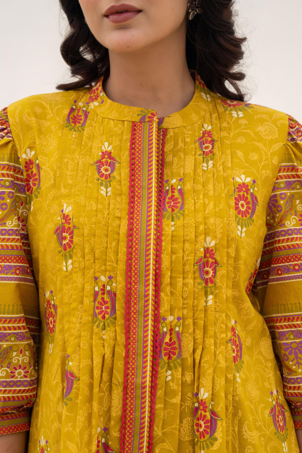 Juniper Mustard Printed Pleated Tunic with Puff Sleeves | Grocsy