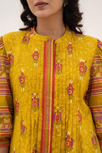 Juniper Mustard Printed Pleated Tunic with Puff Sleeves | Grocsy