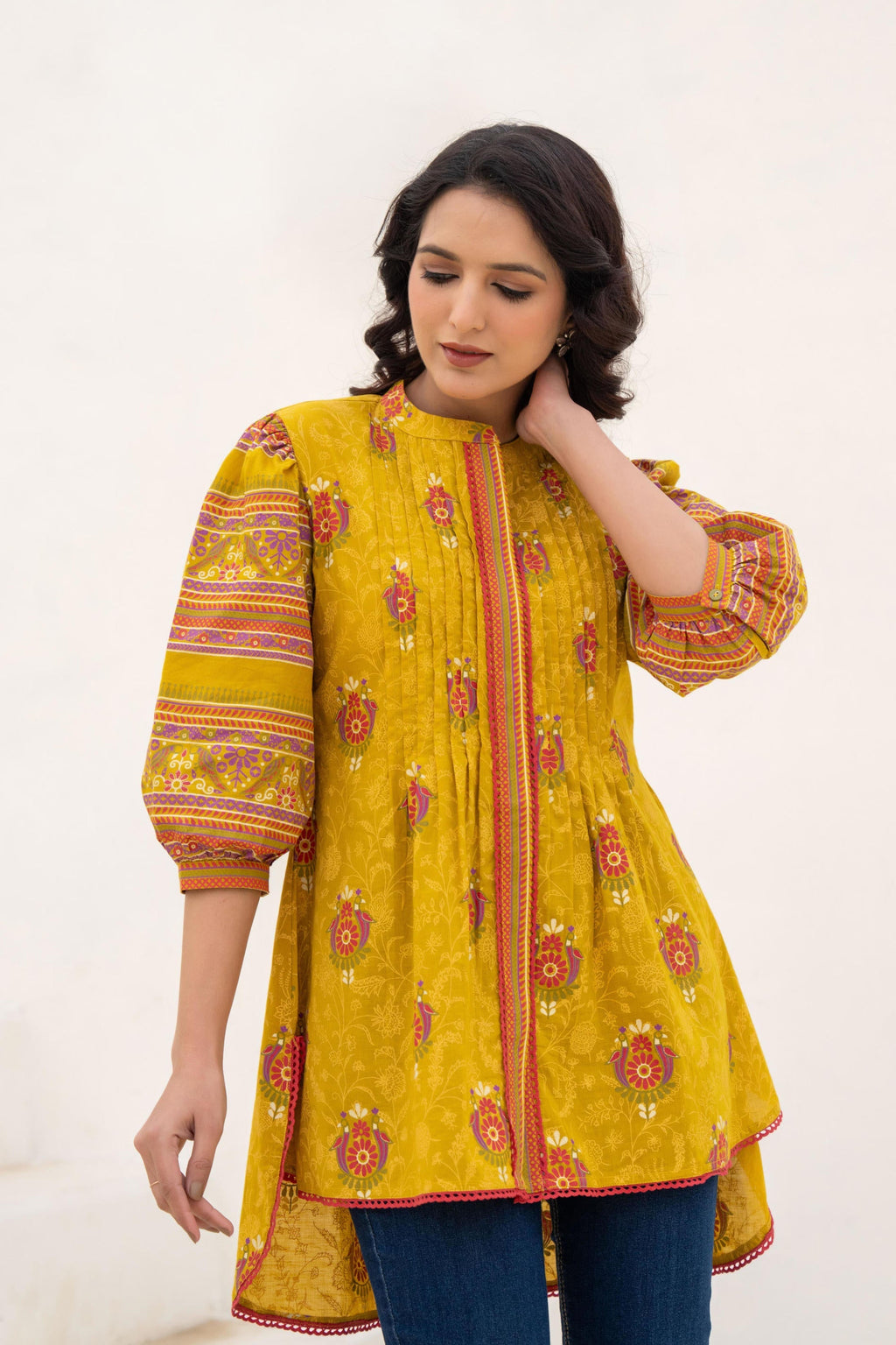 Juniper Mustard Printed Pleated Tunic with Puff Sleeves | Grocsy