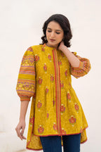 Juniper Mustard Printed Pleated Tunic with Puff Sleeves | Grocsy