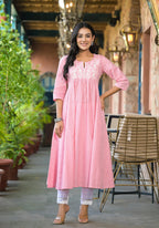 Juniper Women's Onion Pink Solid Cotton Kurta With Thread Embroidery | Grocsy