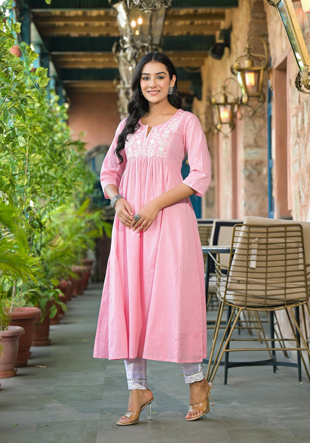 Juniper Women's Onion Pink Solid Cotton Kurta With Thread Embroidery | Grocsy
