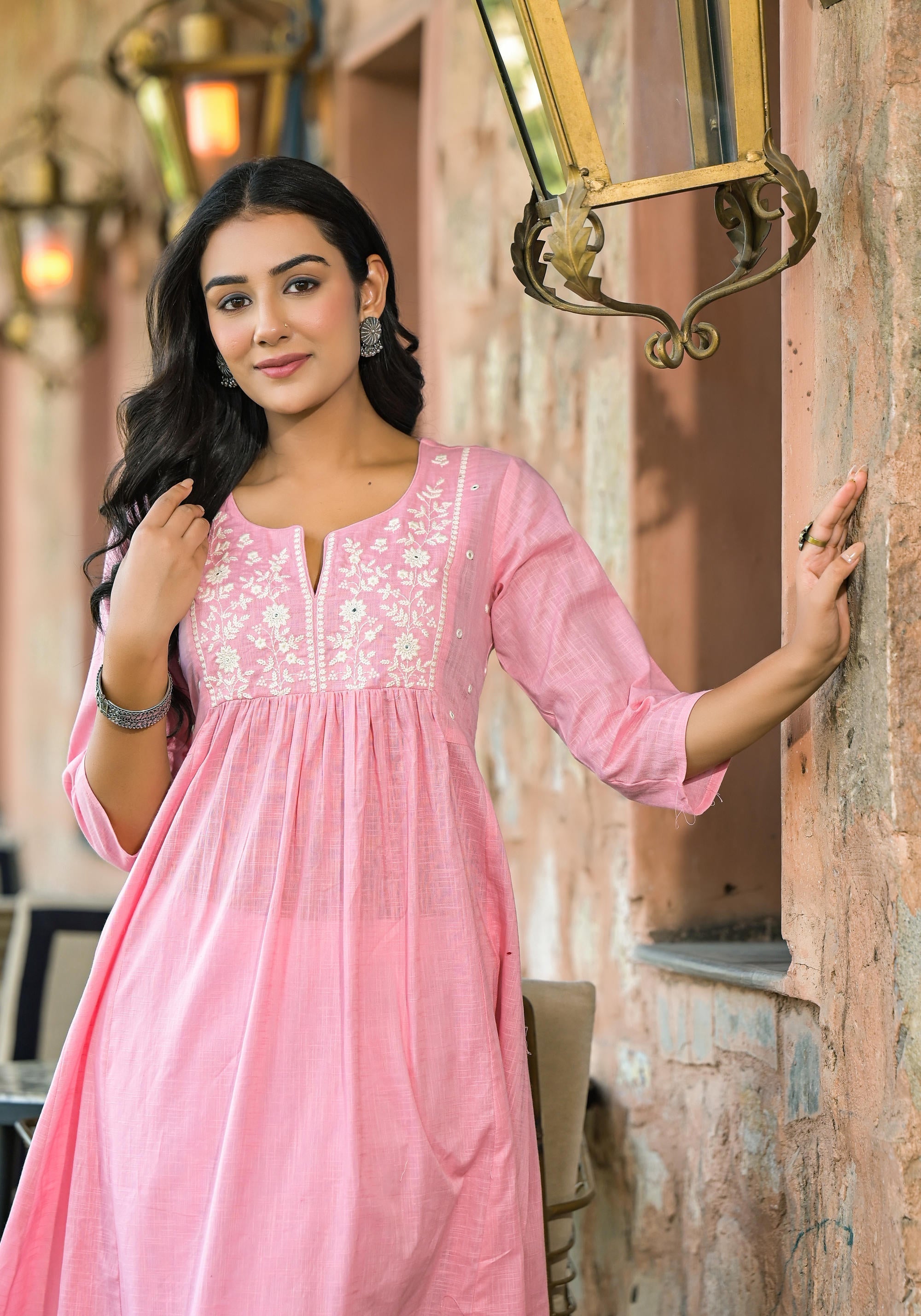 Juniper Women's Onion Pink Solid Cotton Kurta With Thread Embroidery | Grocsy