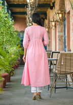 Juniper Women's Onion Pink Solid Cotton Kurta With Thread Embroidery | Grocsy