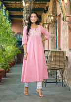 Juniper Women's Onion Pink Solid Cotton Kurta With Thread Embroidery | Grocsy