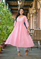 Juniper Women's Onion Pink Solid Cotton Kurta With Thread Embroidery | Grocsy