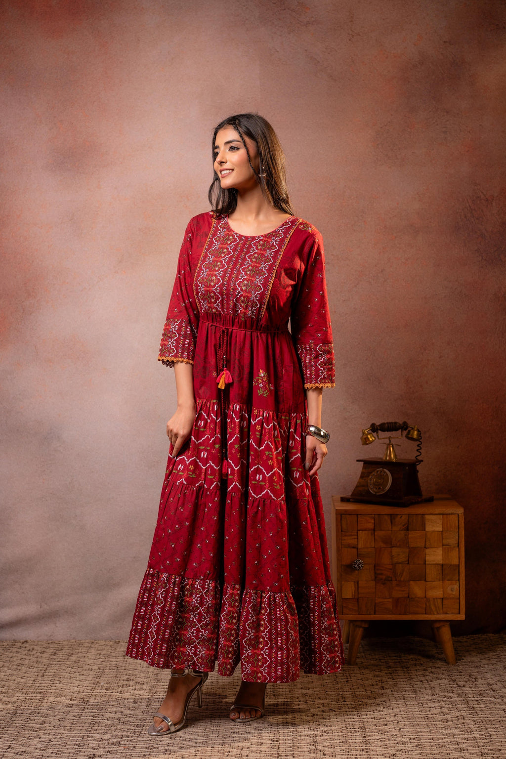 Juniper Rangriti Noor Maroon Handcrafted Boho Dress | Grocsy