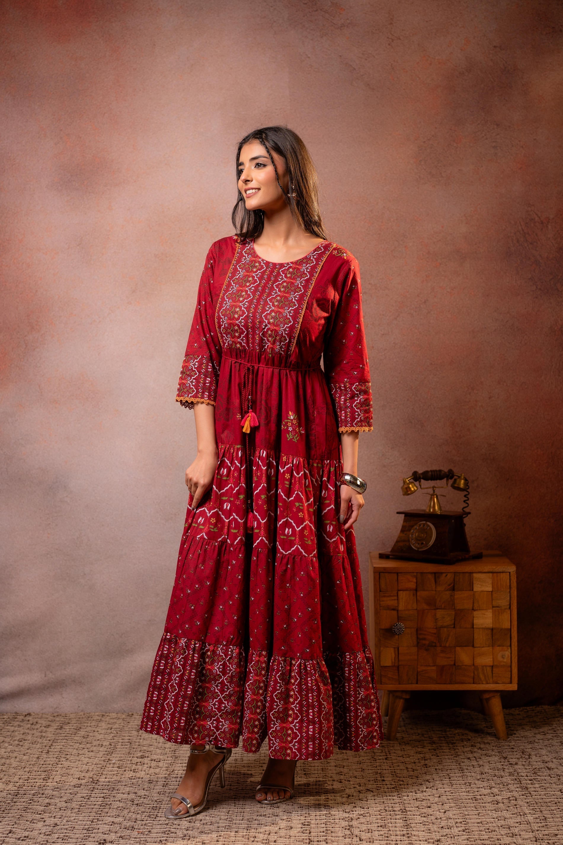Juniper Rangriti Noor Maroon Handcrafted Boho Dress | Grocsy