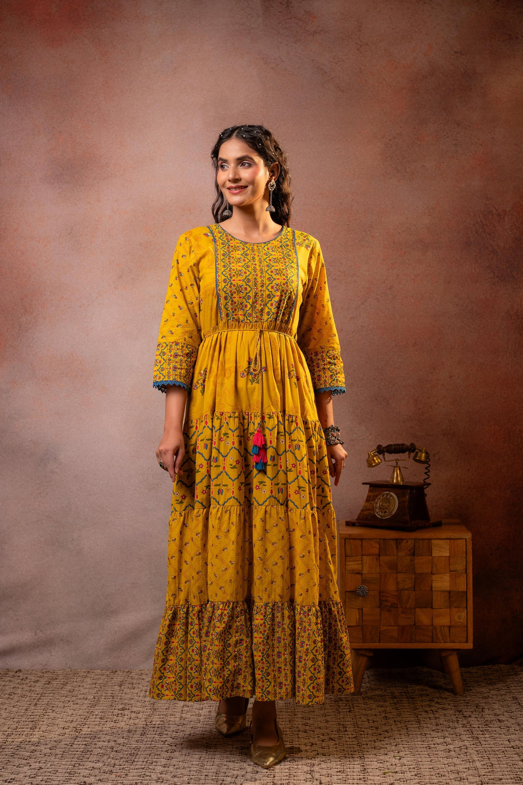 Juniper Rangriti Noor Mustard Handcrafted Boho Dress | Grocsy