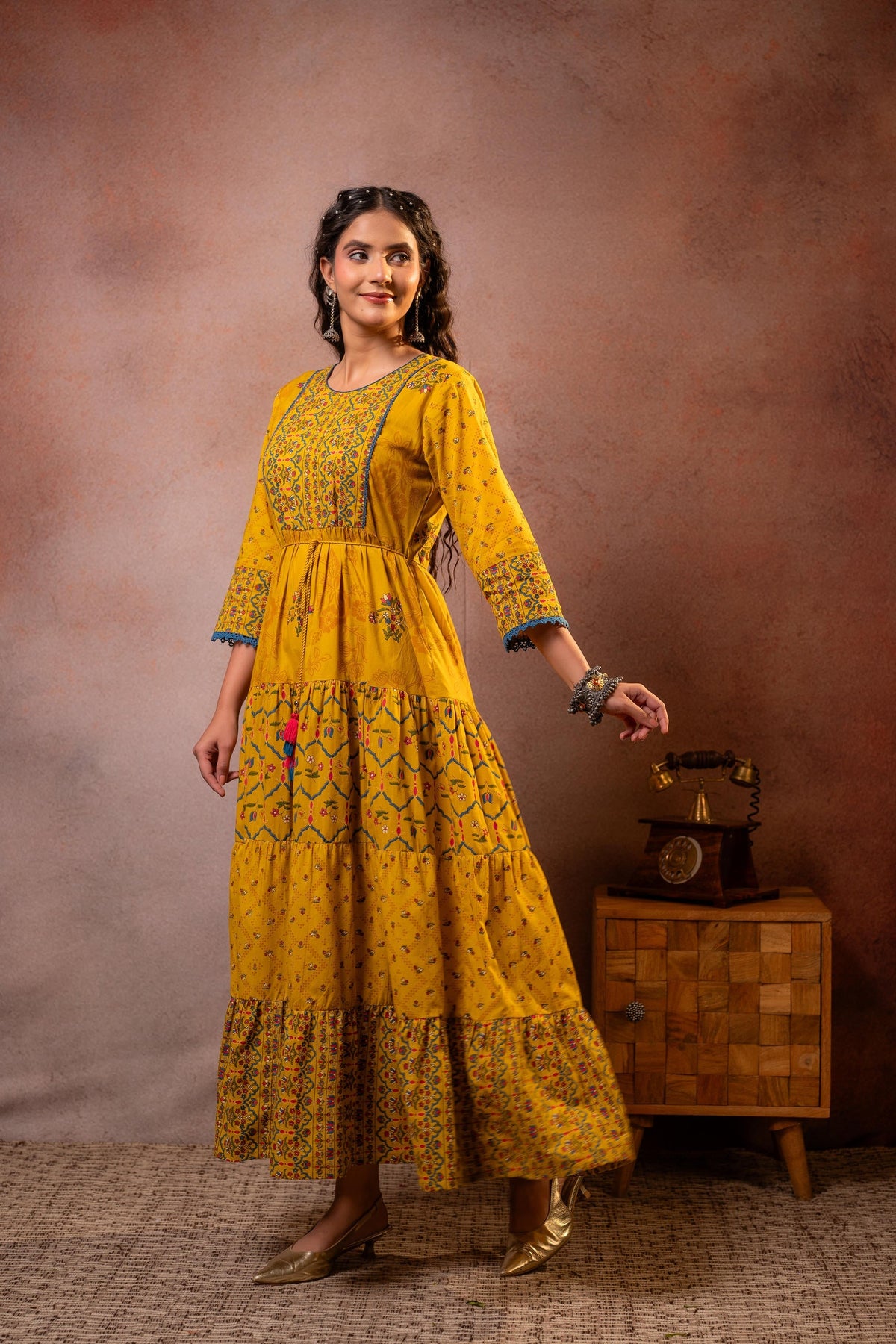 Juniper Rangriti Noor Mustard Handcrafted Boho Dress | Grocsy