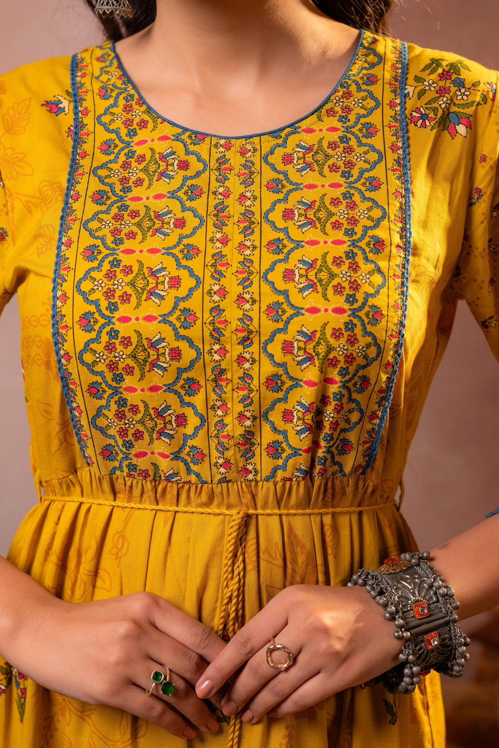 Juniper Rangriti Noor Mustard Handcrafted Boho Dress | Grocsy