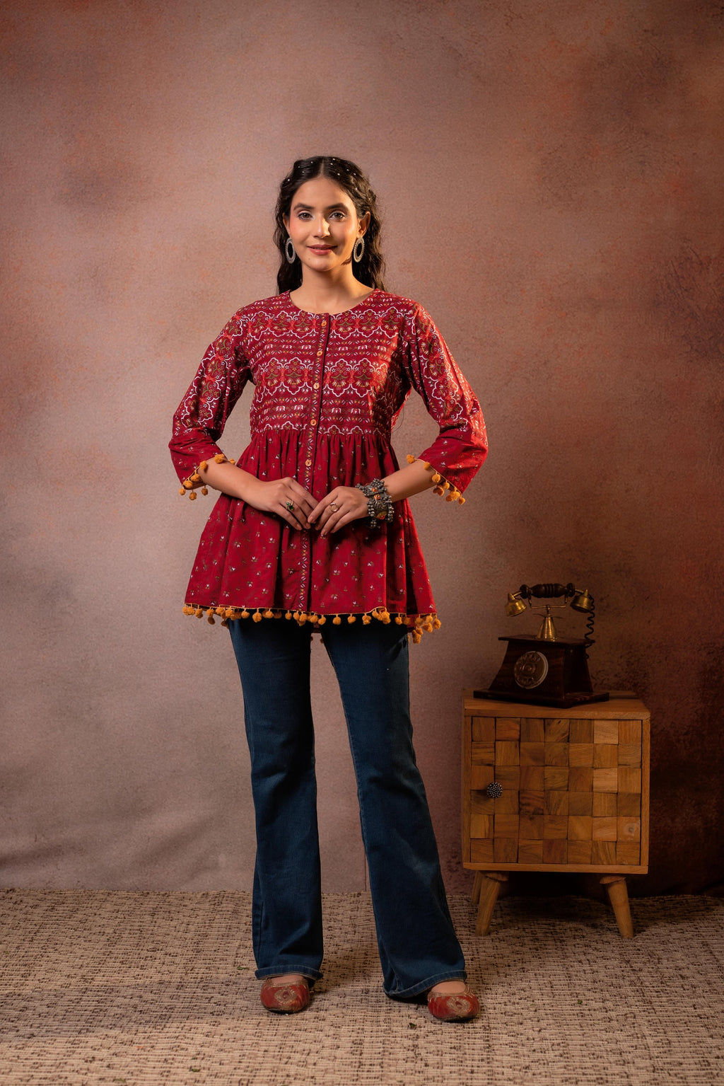 Juniper Rust Red Maroon Printed Ethnic Tunic with Tassel,pompom Details | Grocsy