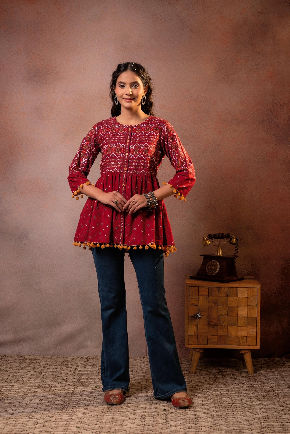 Juniper Rust Red Maroon Printed Ethnic Tunic with Tassel,pompom Details | Grocsy