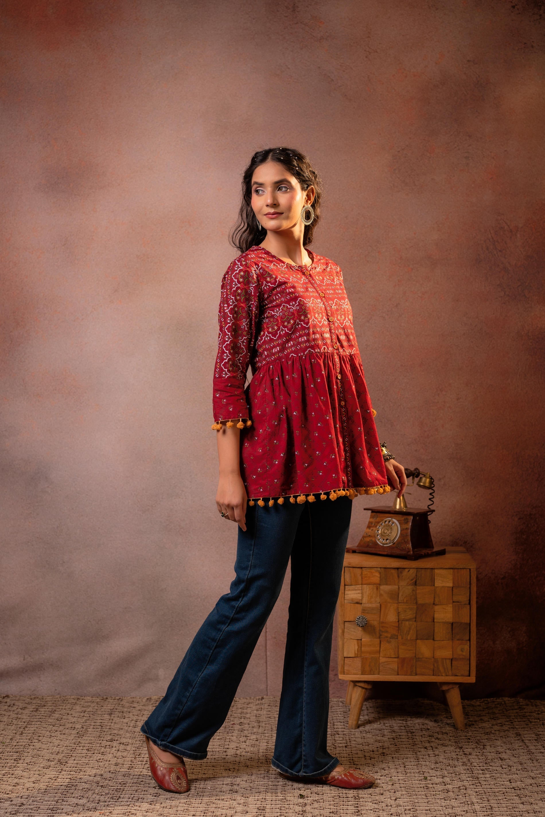 Juniper Rust Red Maroon Printed Ethnic Tunic with Tassel,pompom Details | Grocsy
