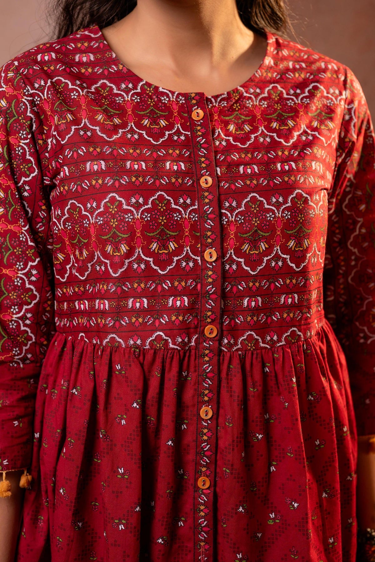 Juniper Rust Red Maroon Printed Ethnic Tunic with Tassel,pompom Details | Grocsy