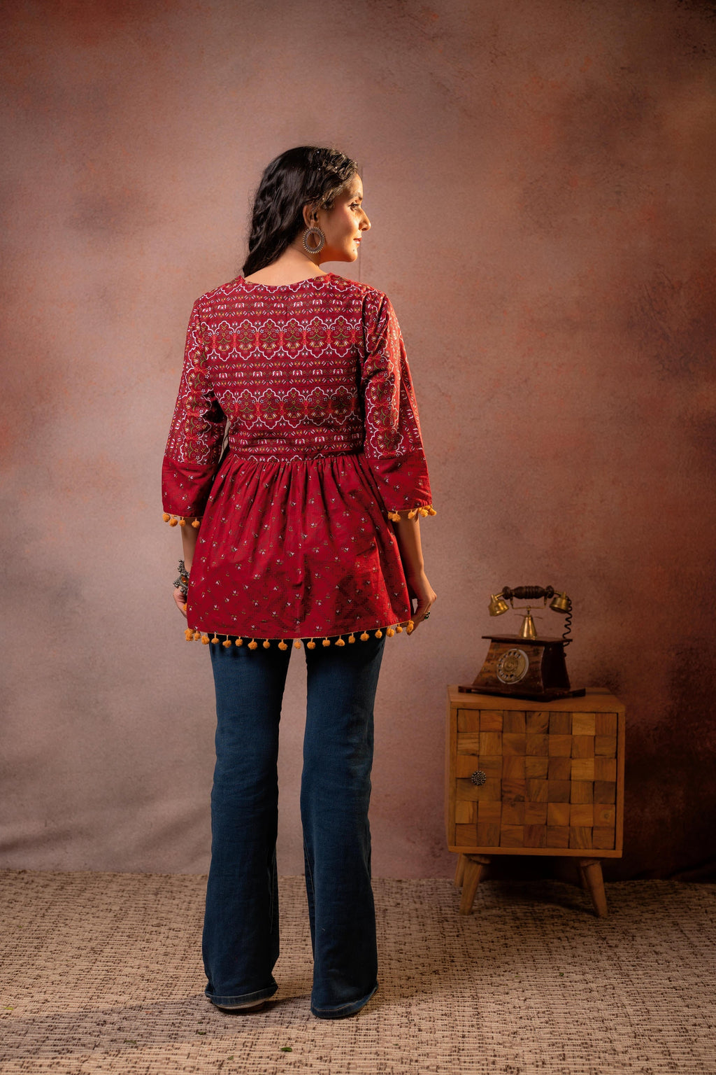 Juniper Rust Red Maroon Printed Ethnic Tunic with Tassel,pompom Details | Grocsy
