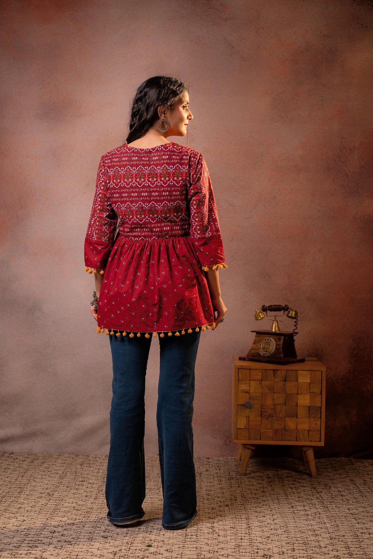 Juniper Rust Red Maroon Printed Ethnic Tunic with Tassel,pompom Details | Grocsy