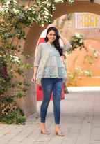 Juniper Pista Green Floral Printed Cotton Gathered Tunic | Grocsy
