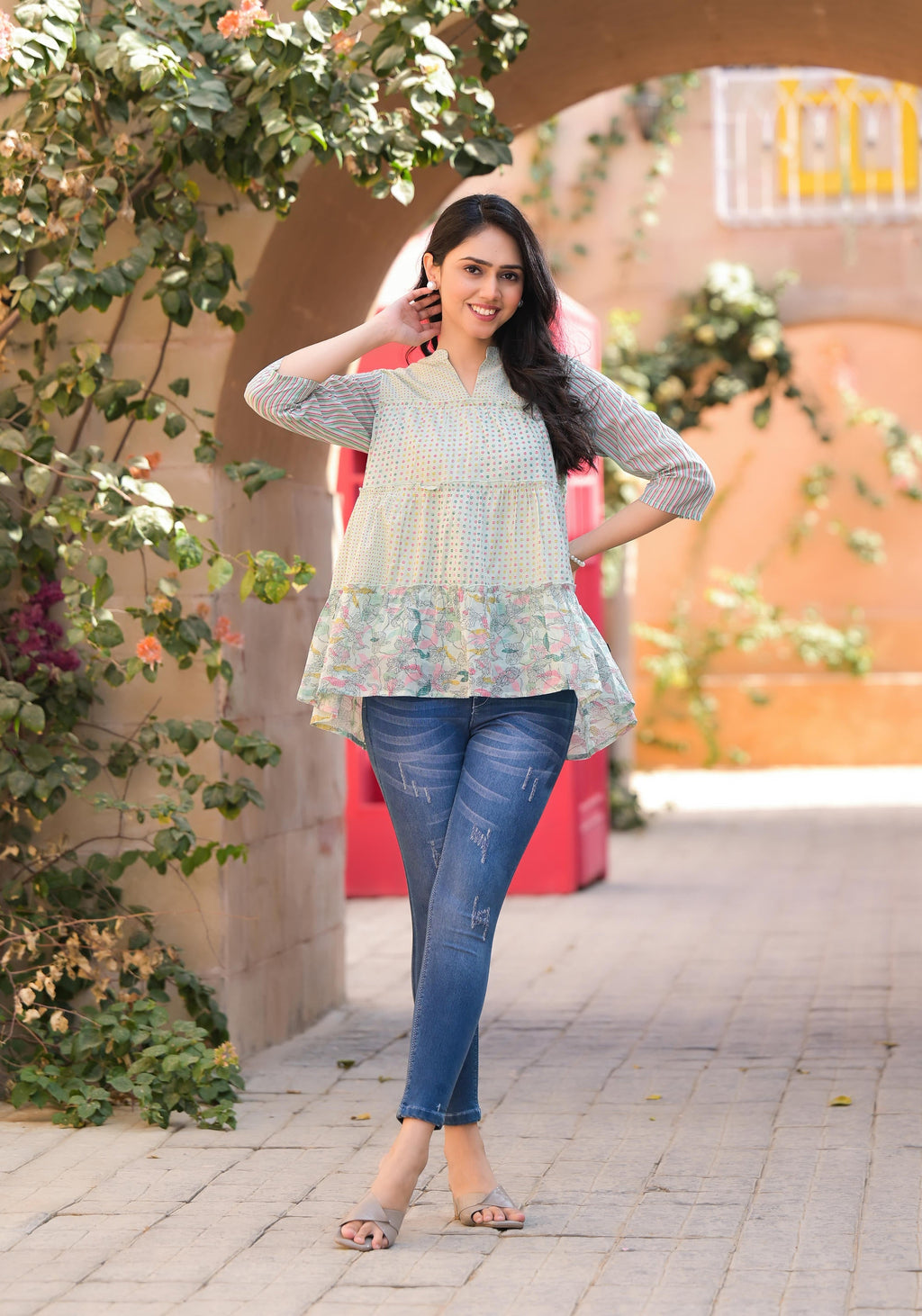 Juniper Women's Pista Green Floral Printed Cotton Gathered Tunic | Grocsy