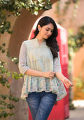 Juniper Women's Pista Green Floral Printed Cotton Gathered Tunic | Grocsy