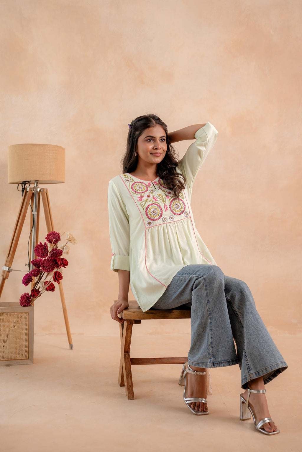 Juniper Pistagreen Printed Yoke Flared Ethnic Tunic | Grocsy