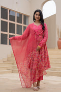 Juniper Fuchsia Embroidered & Printed Layered Dress Set with Dupatta | Grocsy