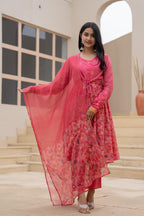 Juniper Fuchsia Embroidered & Printed Layered Dress Set with Dupatta | Grocsy