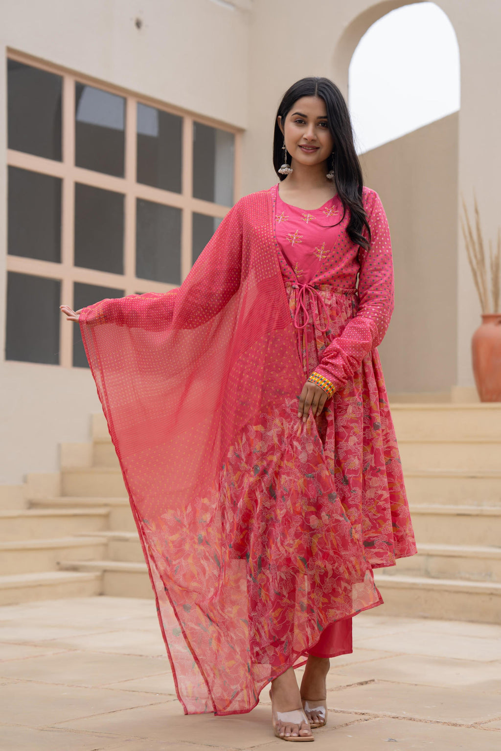 Juniper Fuchsia Embroidered & Printed Layered Dress Set With Dupatta | Grocsy
