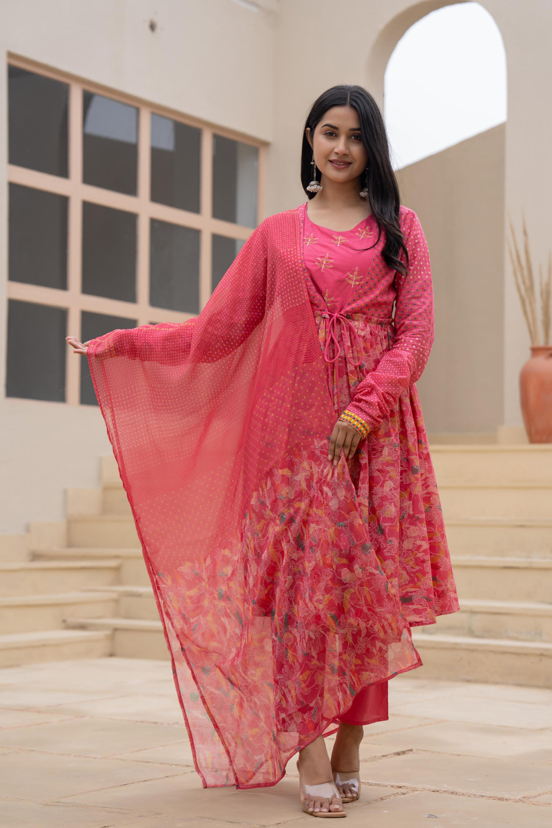 Juniper Fuchsia Embroidered & Printed Layered Dress Set With Dupatta | Grocsy