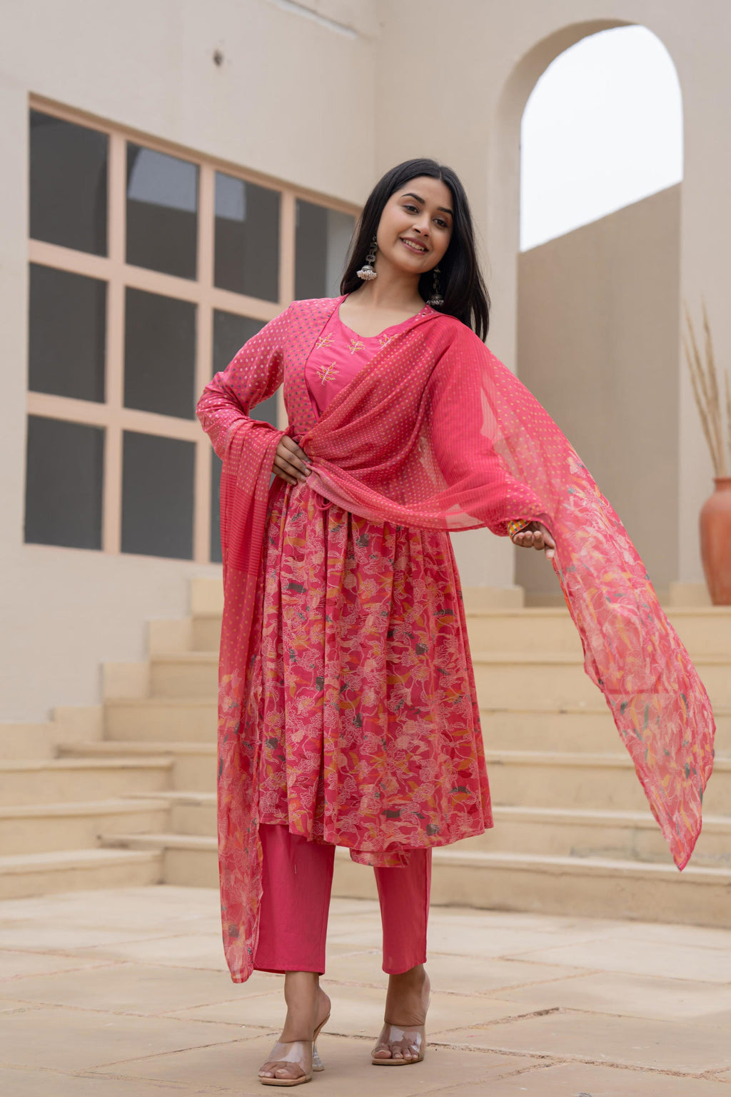 Juniper Fuchsia Embroidered & Printed Layered Dress Set with Dupatta | Grocsy